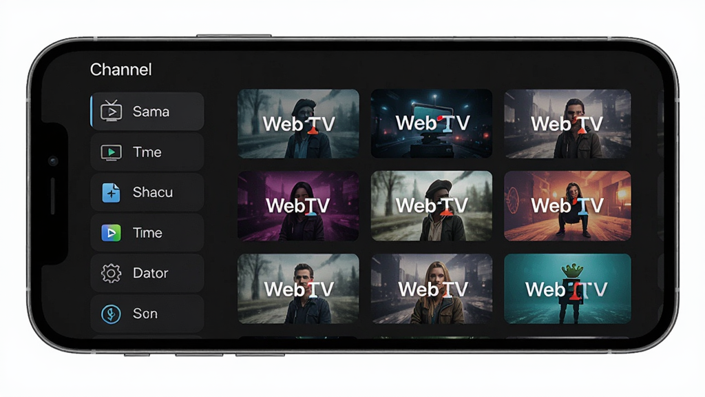 WebTV 频道分类界面展示,主体为手机屏幕横向构图,布局左侧是频道分类标签,右侧是频道列表缩略图,排版整齐,风格清爽简约,细节图标清晰,画质干净无多余元素,屏幕内文字标注“WebTV”