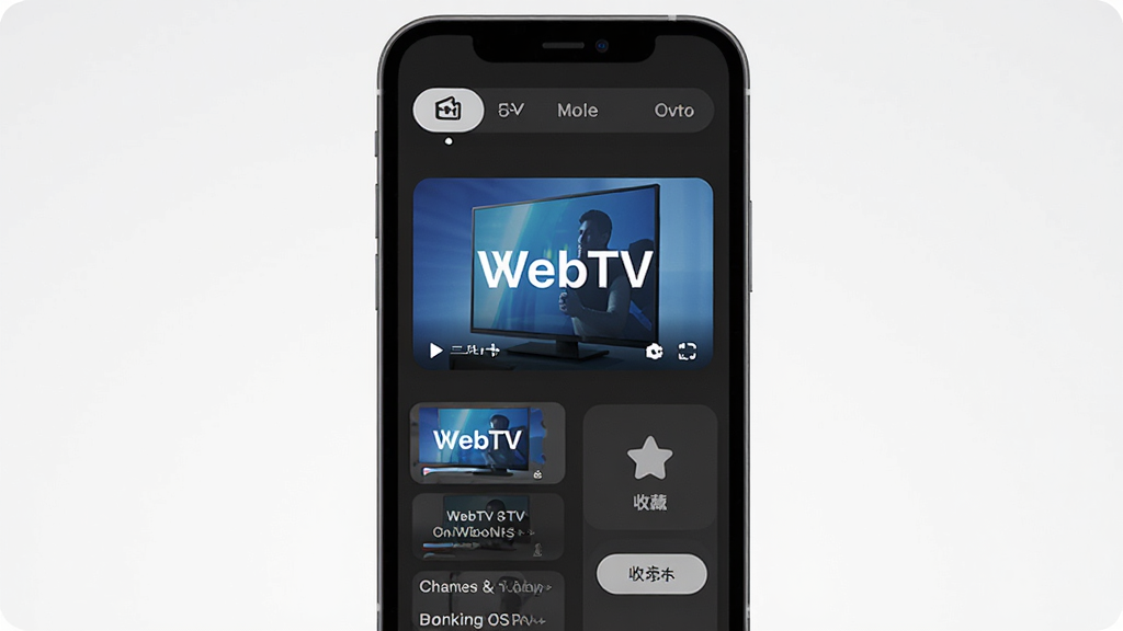 WebTV 软件主界面全貌展示,主体为手机屏幕竖向构图,布局顶部是频道分类导航栏,中间是正在播放的电视画面窗口,下方是频道列表和收藏按钮,排版简洁清晰,风格现代扁平化,细节圆润,画质干净无多余元素,屏幕内文字标注“WebTV”