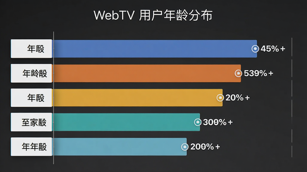 WebTV 用户年龄分布柱状图,主体为横向柱状图,布局左侧是年龄段标签,右侧是柱状条和百分比数值,排版清晰,风格现代简约,细节颜色区分明显,画质干净无多余元素,图表标题文字“WebTV 用户年龄分布”