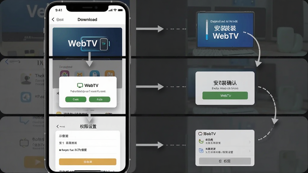 WebTV 安装步骤示意图,主体为手机屏幕竖向构图,布局从上到下依次是下载页面、安装确认弹窗、权限设置界面,排版分步展示,风格写实清晰,细节图标明确,画质干净无多余元素,屏幕内文字标注“WebTV”