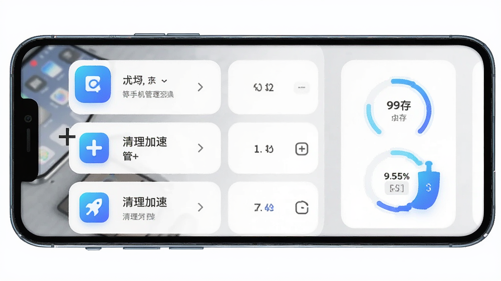 管+ 手机管理工具主界面,主体为一部智能手机屏幕展示应用管理列表与清理加速按钮,布局居中,排版清晰,风格为现代扁平化科技感,细节包括蓝色渐变图标、圆角卡片、内存占用圆环,画质高清干净无多余元素