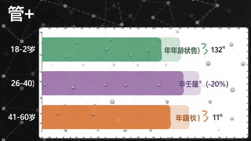 管+ 用户年龄分布柱状图,主体为图表展示18-25岁、26-40岁、41-60岁三个年龄段占比,布局横向柱状,排版左侧年龄标签右侧百分比,风格扁平化数据可视化,细节包括“管+”标题、彩色柱子、数值标注,画质清晰干净无多余元素