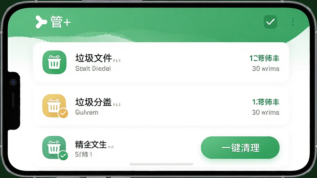 管+ 清理扫描完成界面,主体为手机屏幕显示垃圾文件分类与清理按钮,布局为列表式,排版每项左侧图标右侧大小,风格清爽绿色调,细节包括“管+”标识、勾选框、一键清理按钮,画质干净无多余元素