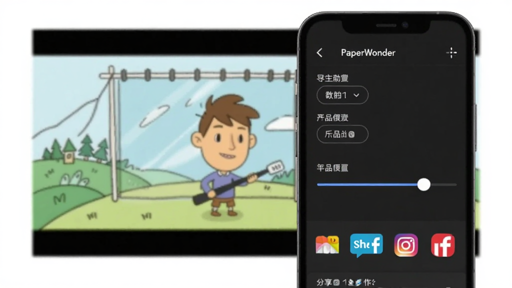 PaperWonder导出设置界面展示,手机屏幕上显示分辨率选项和帧率滑块,下方有分享到社交平台的图标排列,背景是已完成的手绘动画预览画面,风格现代扁平,画质干净无多余元素