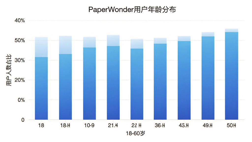 PaperWonder用户年龄分布柱状图,横轴为18-60岁不同年龄段,纵轴为用户人数占比,柱状图颜色为渐变蓝色,图表标题为“PaperWonder用户年龄分布”,风格简洁专业,画质干净无多余元素
