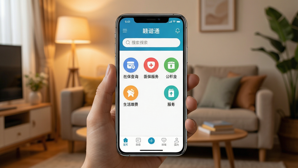 一张展示“赣谐通”APP核心全貌的图片,主体是一部智能手机,手机屏幕亮起显示“赣谐通”应用主界面,界面设计简洁现代,上方有搜索栏,中间排列着社保查询、医保服务、公积金、生活缴费等彩色圆形图标,底部导航栏清晰,布局规整,背景是温馨的居家客厅环境,柔和暖光,风格科技与生活融合,细节丰富,画质清晰,干净无多余元素