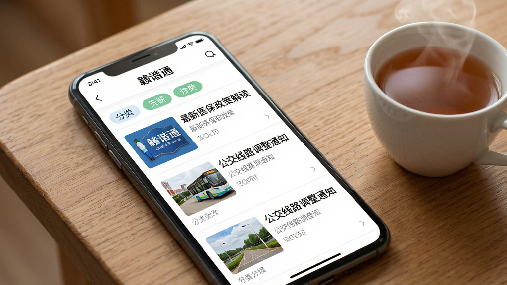 一张展示“赣谐通”本地资讯功能的AI生图,主体是一部手机屏幕,屏幕内显示“赣谐通”资讯列表,每一条资讯都带有清晰的缩略图和标题,标题文字如“最新医保政策解读”、“公交线路调整通知”,界面排版整齐,有分类标签,风格清新扁平化,手机放置在木质桌面上,旁边有一杯冒热气的茶,细节温馨,画质干净,无多余元素