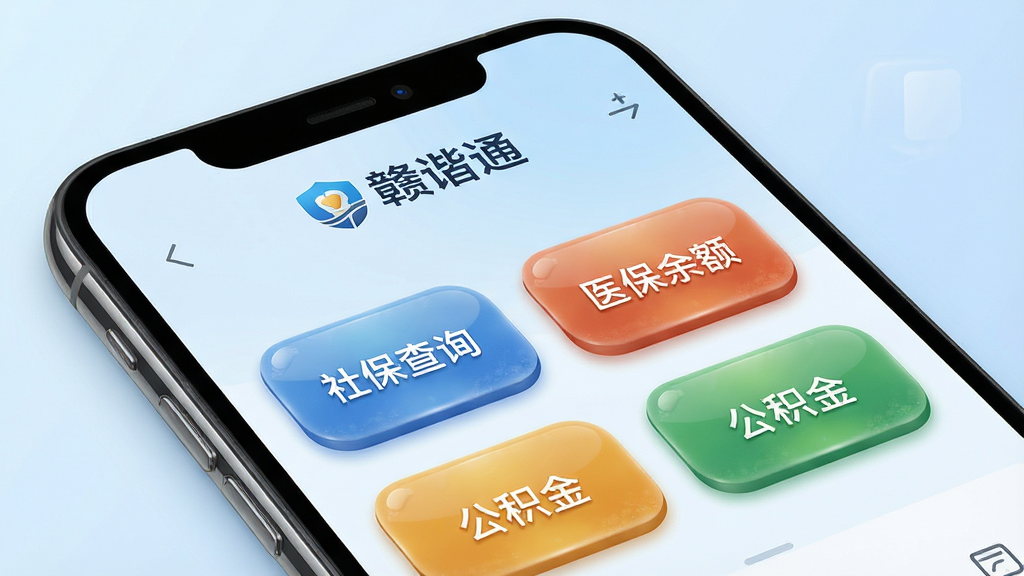 一张展示“赣谐通”便民服务功能的AI生图,主体是手机屏幕特写,屏幕显示“赣谐通”服务办理页面,有“社保查询”、“医保余额”、“公积金”等醒目的功能按钮,按钮设计圆润有质感,背景是淡蓝色渐变,页面顶部有“赣谐通”Logo标识,风格商务简洁,细节清晰,画质干净,无多余元素