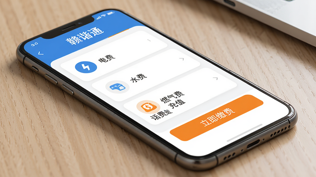 一张展示“赣谐通”生活缴费功能的AI生图,主体是手机屏幕,屏幕显示“赣谐通”缴费页面,有电费、水费、燃气费、话费充值等选项,每个选项旁边有对应的图标,界面下方有“立即缴费”按钮,配色以蓝白为主,点缀少量橙色高亮,风格生活化且现代,手机斜放在桌面上,细节清晰,画质干净,无多余元素