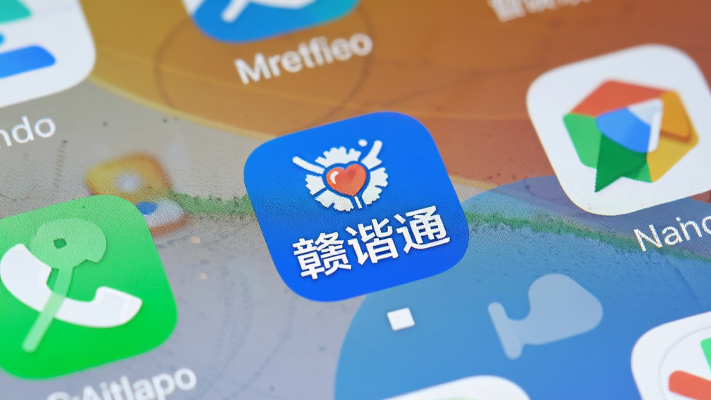 一张展示“赣谐通”在手机桌面上安装完成后的图标特写图片,图标设计简洁,包含“赣谐通”字样或相关标识,手机屏幕背景是常见的安卓桌面,周围有其他常用App图标作为陪衬,光线明亮,画质清晰,干净无多余元素