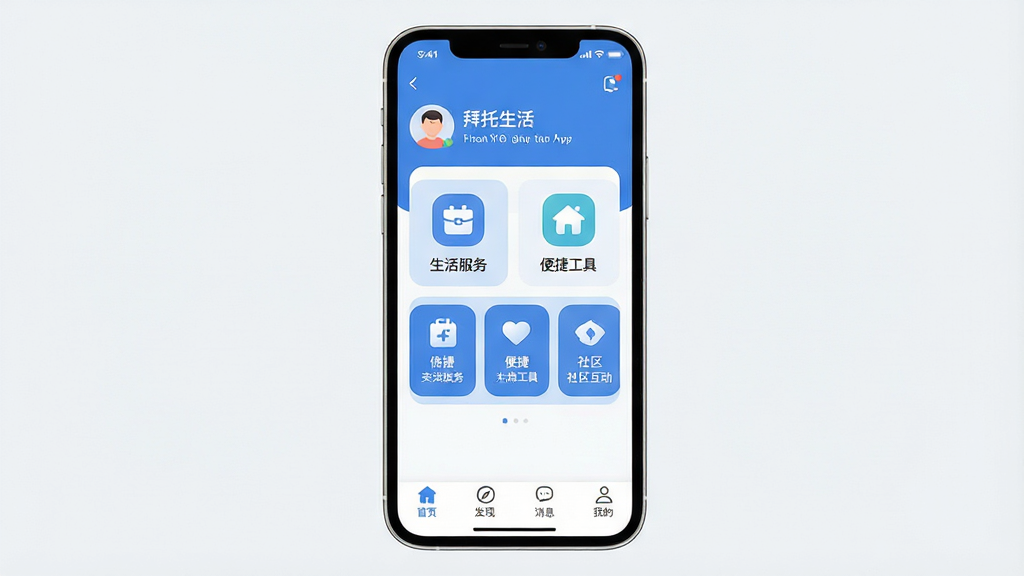 一张手机应用界面的整体展示图,画面中央是“拜托生活”App的主界面,界面以蓝白配色为主,顶部显示用户头像和问候语,中部排列着生活服务、便捷工具、社区互动三个大模块的卡片图标,底部是首页、发现、消息、我的四个导航按钮。整体布局干净清爽,风格现代扁平,图标圆润,画质清晰干净,无多余元素。