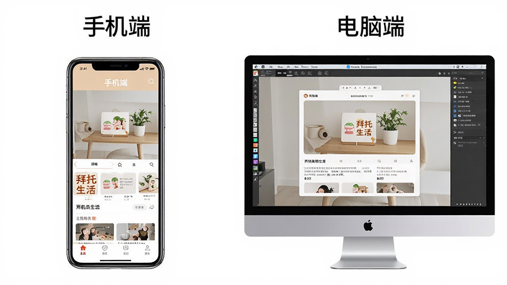 一张“拜托生活”App在手机和电脑模拟器上同时运行的对比展示图,画面左侧是手机屏幕显示App主界面,右侧是电脑屏幕通过模拟器运行同一App的界面,屏幕上方有“手机端”和“电脑端”的文字标注,整体布局左右对称,风格简洁明了,画质干净无多余元素。