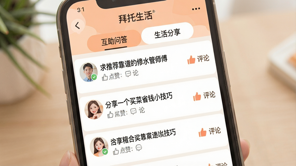 一张“拜托生活”App社区互动界面的展示图,画面中是一个手机屏幕,屏幕内显示着用户发布的互助帖子列表,帖子标题如“求推荐靠谱的修水管师傅”、“分享一个买菜省钱小技巧”,每条帖子右侧有点赞和评论图标,界面顶部有“互助问答”和“生活分享”两个标签页,整体风格温馨友好,配色柔和,画质清晰干净。