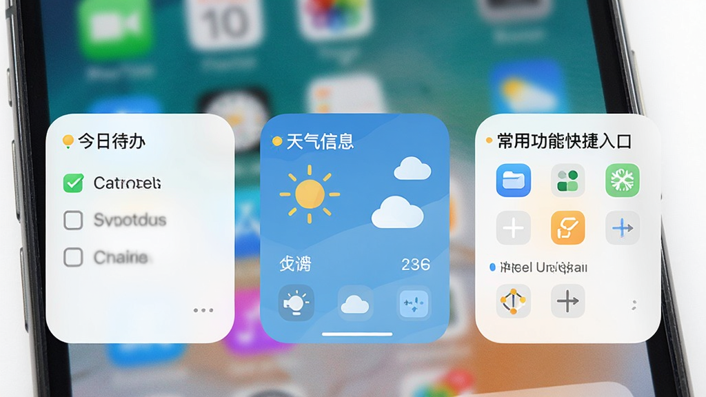 一张“拜托生活”App桌面小组件功能的展示图,画面中是一个手机主屏幕,屏幕上放置着三个不同样式的小组件,分别显示“今日待办”、“天气信息”和“常用功能快捷入口”,小组件设计简洁,与手机壁纸风格统一,整体画面干净整洁,画质清晰。