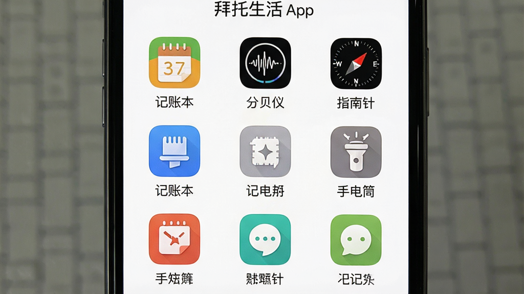 一张“拜托生活”App实用小工具合集的展示图,画面中是一个手机屏幕,屏幕内以九宫格形式排列着“记账本”、“分贝仪”、“指南针”、“手电筒”等小工具图标,每个图标下方有对应的文字标签,界面背景是干净的白色,风格极简清爽,画质干净无多余元素。
