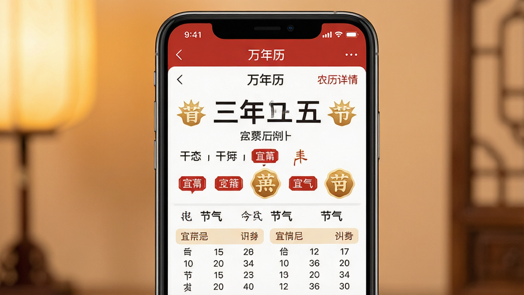 一张展示“万年历”App内农历详情页面的图片,主体是手机屏幕特写,屏幕内显示某一天的农历信息,包括大字农历日期、干支、生肖、节气、宜忌列表。布局为手机居中,背景为柔和暖色,风格传统与现代结合,细节包括红色宜忌标签、金色节气图标,画质清晰干净,无杂乱元素。