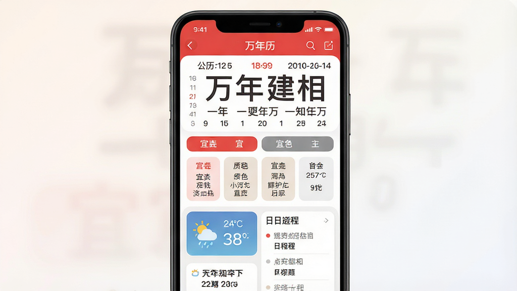 一张展示“万年历”手机应用主界面的图片,主体是一部竖屏智能手机,屏幕内显示日历主页面,上方有公历日期和农历大字,中间有宜忌信息,下方有天气和日程列表。布局为居中展示手机,背景为浅色渐变,风格简洁现代扁平化,细节包括日历数字清晰、图标圆润、色彩以红白灰为主,画质干净高清,无多余元素。