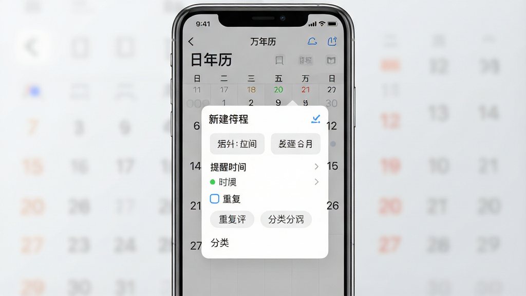一张展示“万年历”App内日程提醒设置界面的图片,主体是手机屏幕,屏幕内显示日历视图和弹出的新建日程窗口,窗口内有日期选择、提醒时间、重复选项和分类标签。布局为手机居中,背景为浅灰渐变,风格现代简约,细节包括彩色分类圆点、清晰的文字标签,画质干净无多余元素。