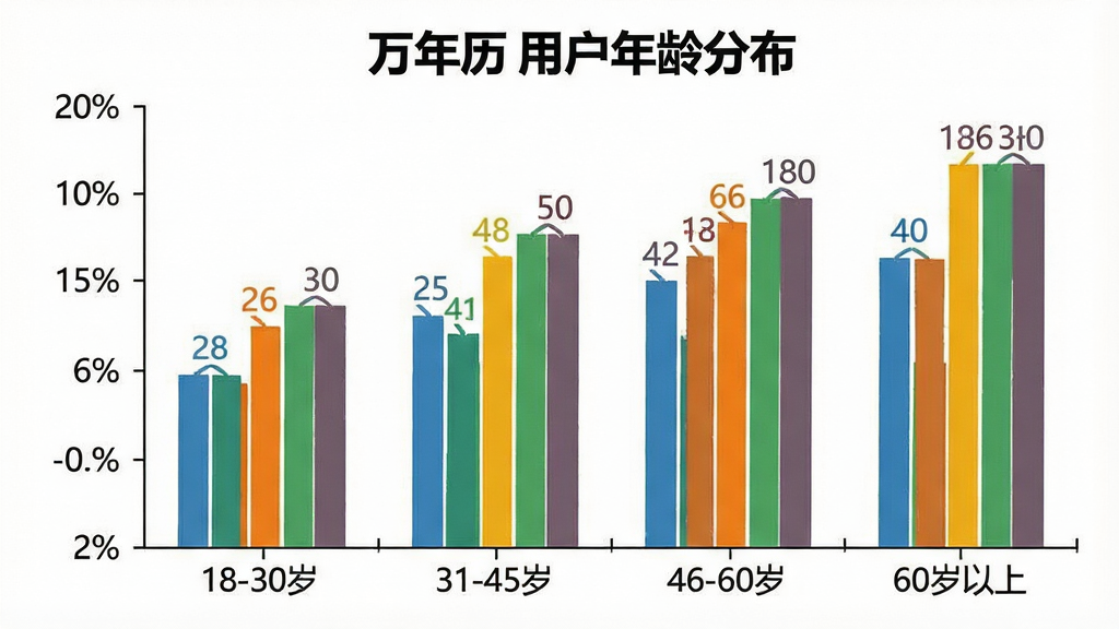 一张展示“万年历”用户年龄分布柱状图的图片,主体是柱状图,横轴为年龄段“18-30岁”“31-45岁”“46-60岁”“60岁以上”,纵轴为百分比,柱子上方有具体数值标签。布局为图表居中,背景为白色,风格简洁数据可视化,细节包括彩色柱子、清晰坐标轴文字,画质干净无多余元素。
