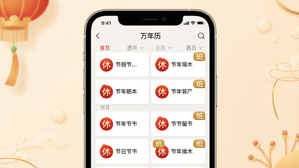 一张展示“万年历”App内节日列表页面的图片,主体是手机屏幕,屏幕内显示按月份排列的节日列表,每个节日有图标和名称,部分节日有“休”或“班”的角标。布局为手机居中,背景为浅色,风格喜庆温馨,细节包括红色节日图标、金色文字标签,画质清晰干净,无多余元素。