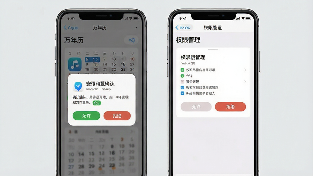 一张展示“万年历”App在手机上安装和权限设置界面的图片,主体是手机屏幕,屏幕内显示应用安装确认弹窗和权限管理页面,有“允许”和“拒绝”按钮。布局为手机居中,背景为浅灰,风格简洁明了,细节包括清晰的文字说明和图标,画质干净无多余元素。