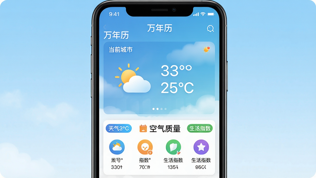 一张展示“万年历”App内天气与生活指数页面的图片,主体是手机屏幕,屏幕内显示当前城市天气图标、温度、空气质量以及一排生活指数小图标和文字说明。布局为手机居中,背景为淡蓝色天空渐变,风格清新自然,细节包括太阳云朵图标、彩色指数标签,画质干净明亮,无多余元素。