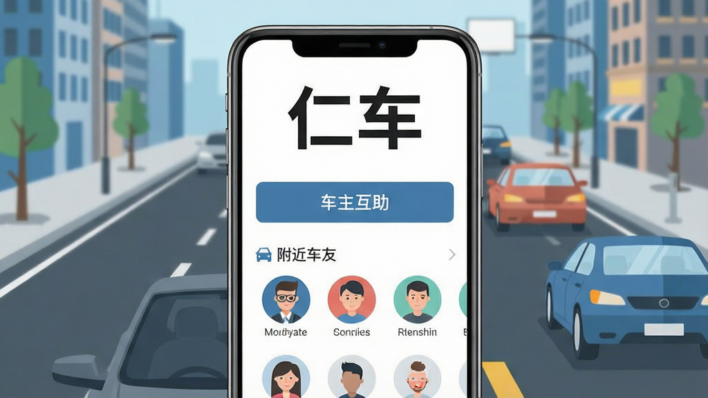 一张展示仁车App核心功能的场景图,画面中央是手机屏幕,屏幕里显示仁车App的主界面,界面顶部写着