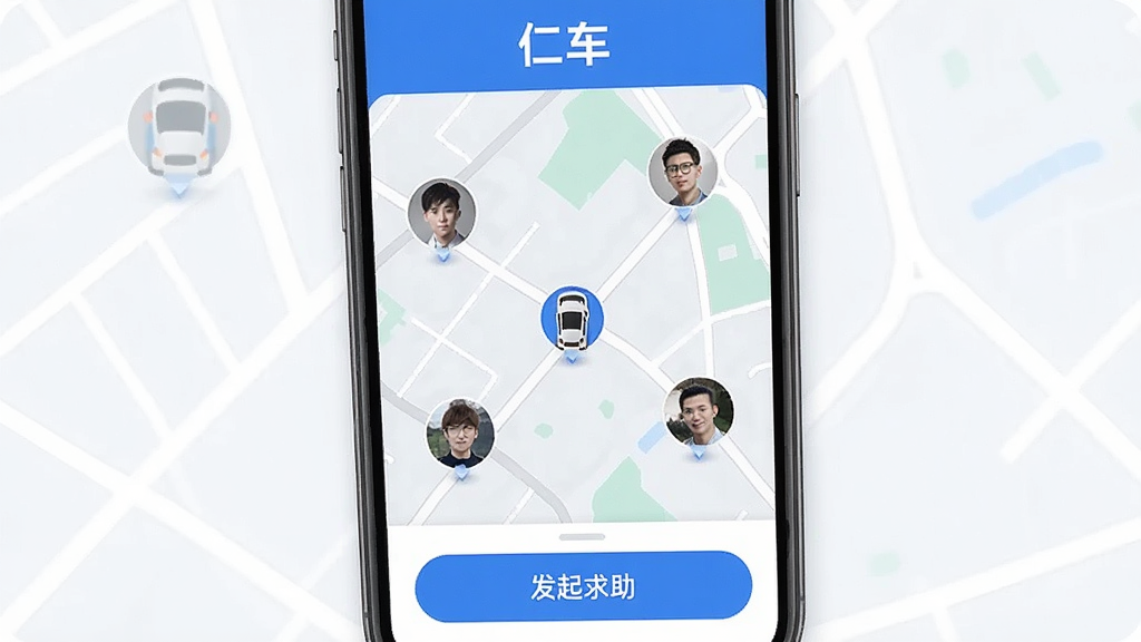 一张展示仁车App附近车友功能的界面图,手机屏幕中显示地图和附近车友头像,地图上有几个小汽车图标,屏幕上方写着