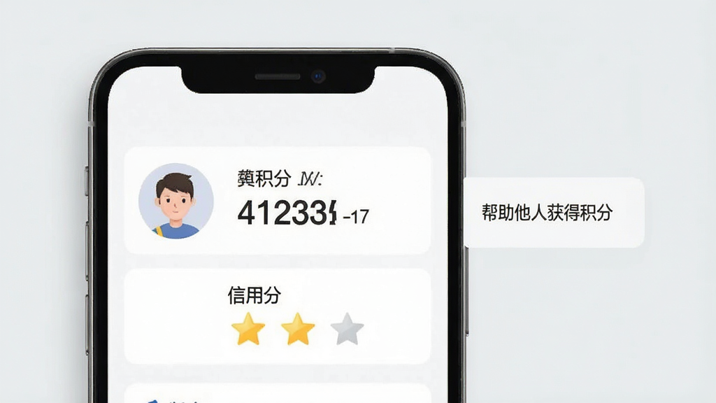 一张展示仁车App积分与信用体系界面的图,手机屏幕中显示用户头像、积分数字、信用分星级,旁边有