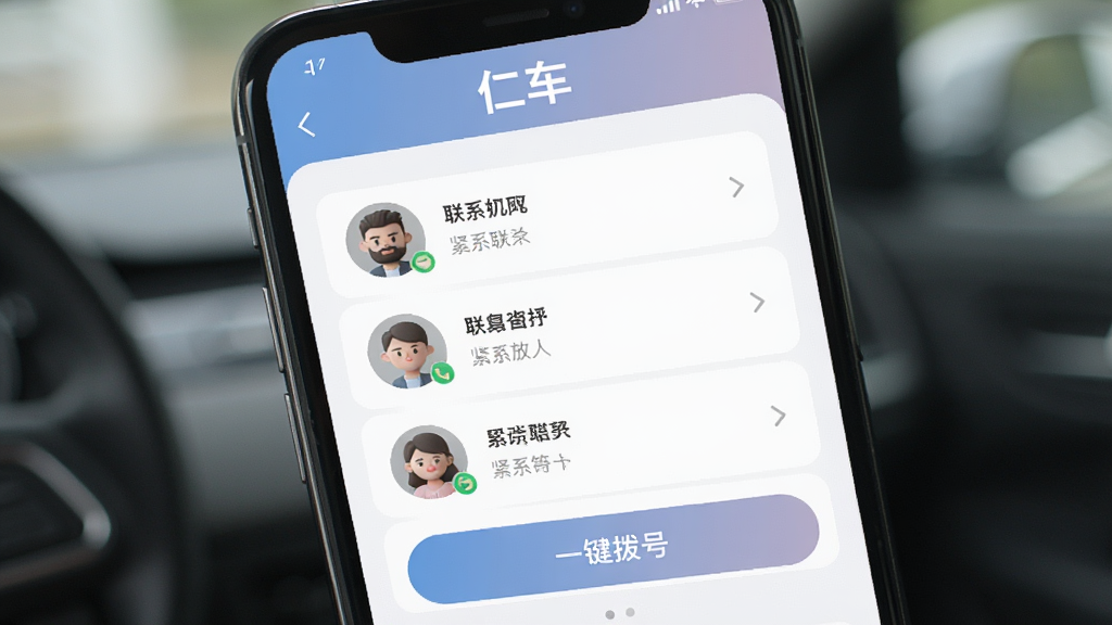 一张展示仁车App紧急联系人设置界面的图,手机屏幕中显示联系人列表和