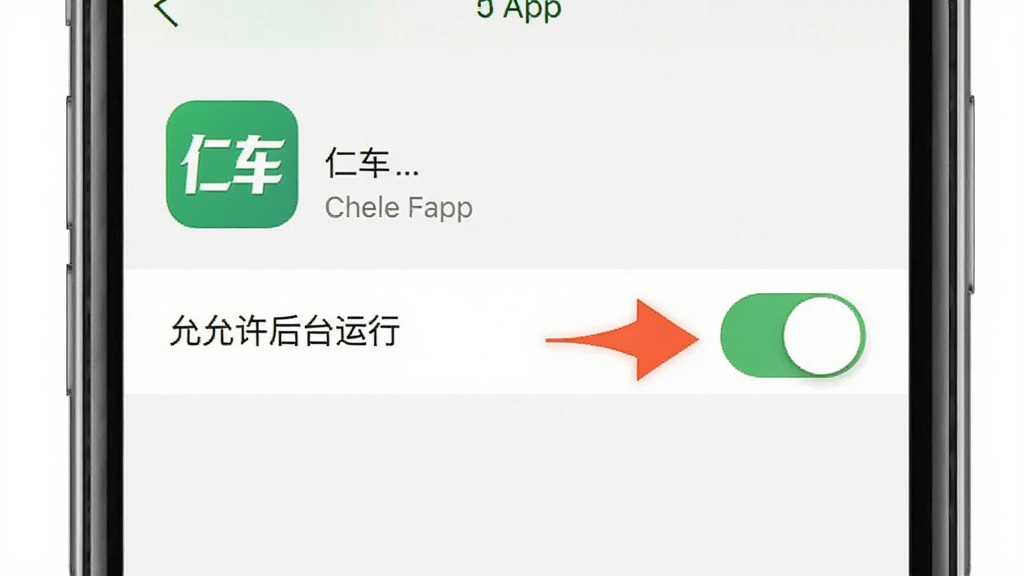 一张展示仁车App在手机后台运行设置的截图风格图,画面中手机屏幕显示设置界面,有