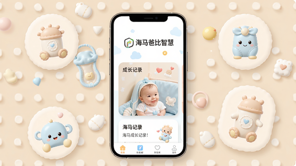 �����ֱ��ǻ�App������չʾ�������������ֻ���Ļ����Ļ����ʾ�������ֱ��ǻۡ���Logo�ͱ����ɳ���¼��Ƭ����Χ���ƿɰ���Ӥ����Ʒͼ�꣬���ּ���������Ű���У������ܰ�ִ���ϸ��Բ����ͣ����ʸɾ����壬�޶���Ԫ��