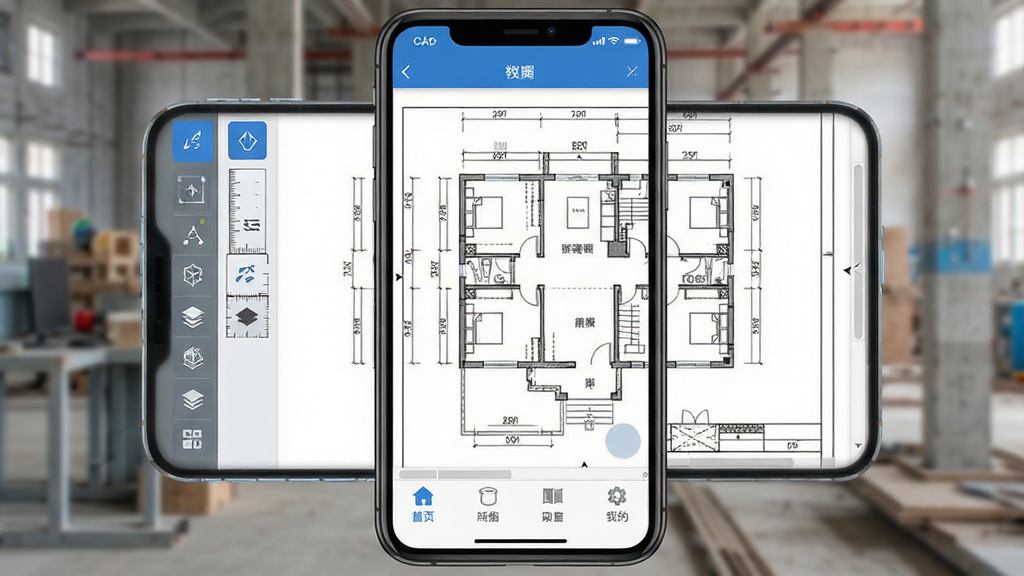 CAD看图工地软件主界面全貌展示,手机屏幕中央显示CAD建筑图纸平面图,左侧工具栏有测量标注图层按钮,底部导航栏清晰简洁,蓝白灰配色方案,现代扁平化设计风格,界面干净无广告弹窗,文字标签使用中文,画质清晰锐利,无多余元素