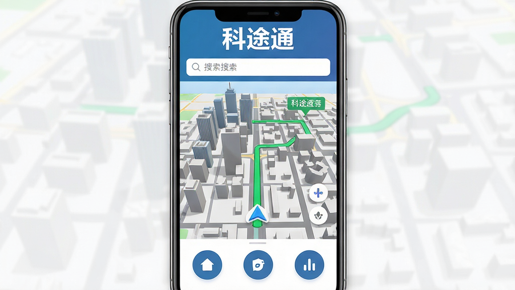 科途通软件主界面全貌展示,主体是一张清晰简洁的手机屏幕截图,屏幕中央显示着三维城市地图和一条绿色导航路线,路线起点和终点有明确标注,屏幕上方有醒目的