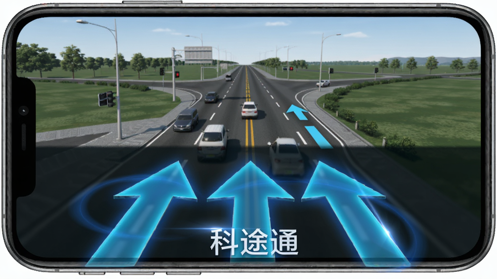 科途通复杂路口指引功能展示图,主体是一个手机界面特写,屏幕上方是真实道路的模拟画面,下方叠加了巨大的蓝色箭头和车道指示线,文字标注着