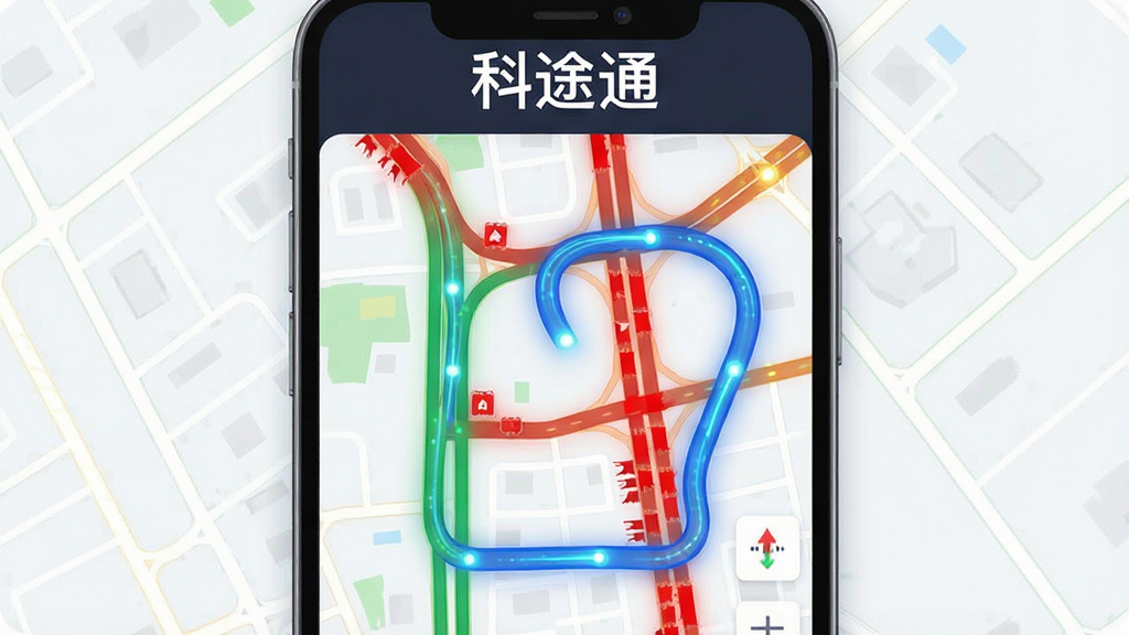 科途通实时路况避堵功能展示图,主体是手机屏幕显示城市地图,地图上主干道显示为红色拥堵状态,而旁边一条小路显示为绿色畅通,一条蓝色的新路线绕开了红色区域,屏幕上方有