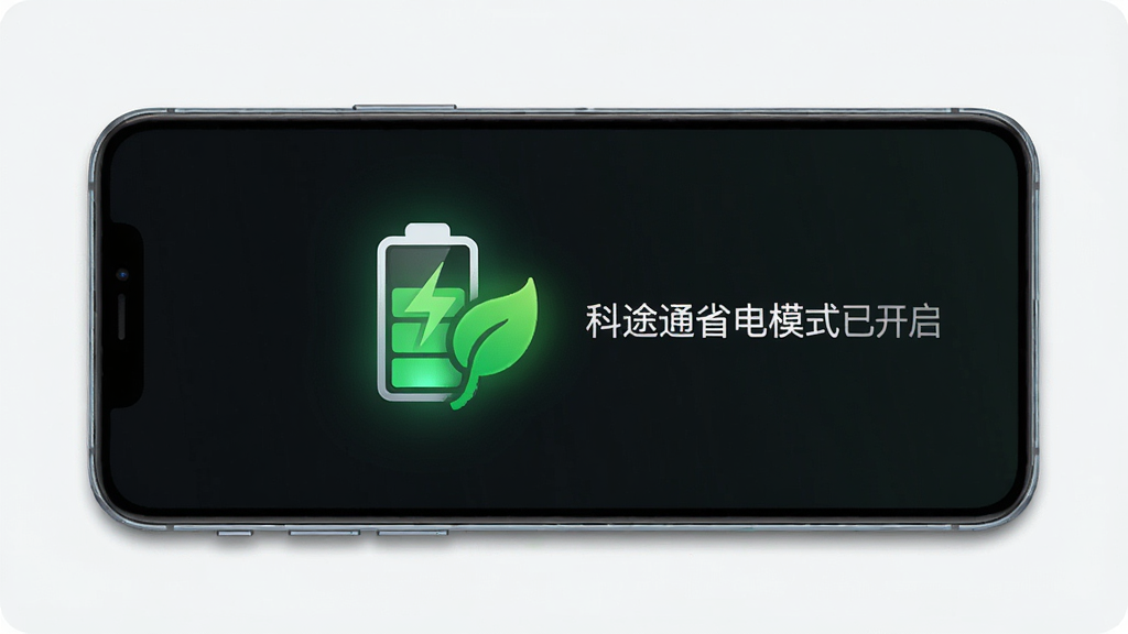 科途通省电模式界面展示图,主体是一个手机屏幕,屏幕中央显示着电池图标和绿色的节能叶子标志,旁边有文字