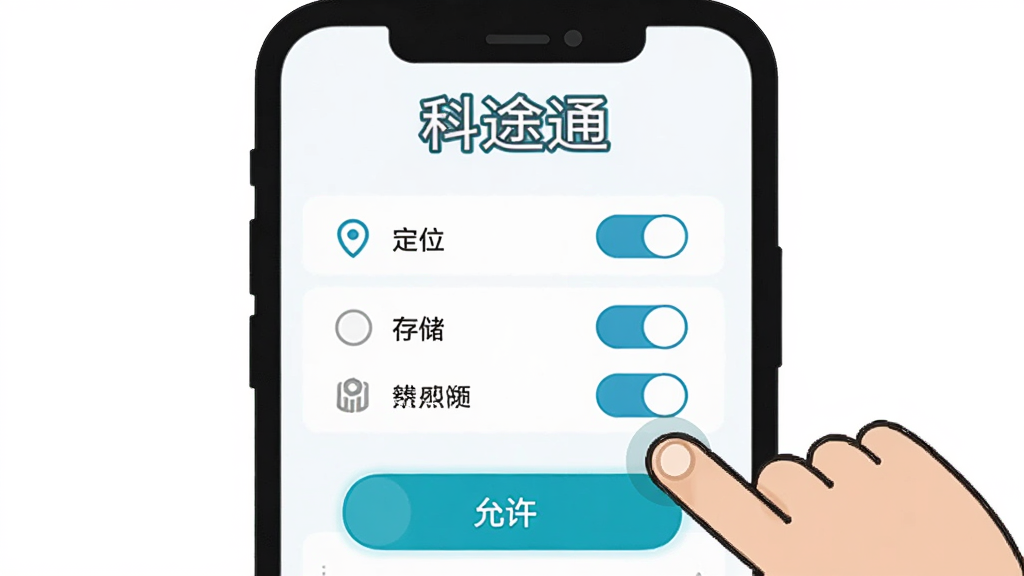 科途通安装设置教程示意图,主体是一个手机屏幕显示着权限设置界面,界面上有定位、存储等权限选项,旁边有一个卡通手指正在点击