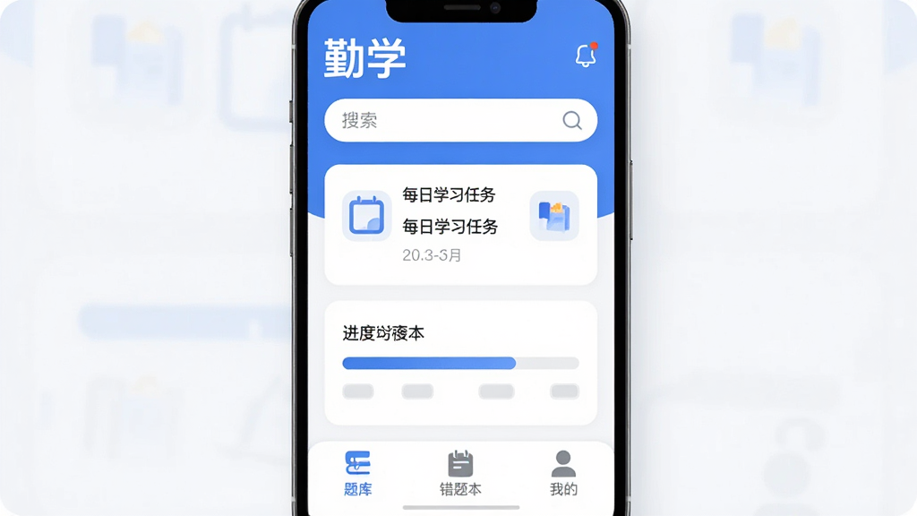 һ����Ϊ����ѧ�����ֻ�Ӧ�������棬���岼�ּ����ˬ��������ʾ����ѧ��logo�����������м���ÿ��ѧϰ����Ƭ�ͽ��������ײ�Ϊ��⡢���Ȿ���ҵ�����ѡ���������ɫΪ��������ִ���ƽ��ͼ��Բ�󣬻��ʸɾ��޶���Ԫ��