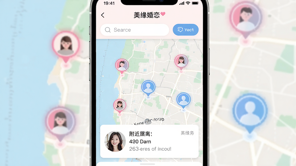һ���ֻ������ͼ����ʾ����Ե������APP�ĵ�ͼ��λ���ѽ��棬��ͼ��ɢ���Ŷ����ɫ����ɫ���û�ͷ���ǣ���Ļ�Ϸ����������ɸѡ��ť���·�����һ����Ƭ��ʾ�����û��ľ���ͻ�����Ϣ������ɫ�����£����Ƽ�������ܰ�н�ϣ�����ϸ�塣