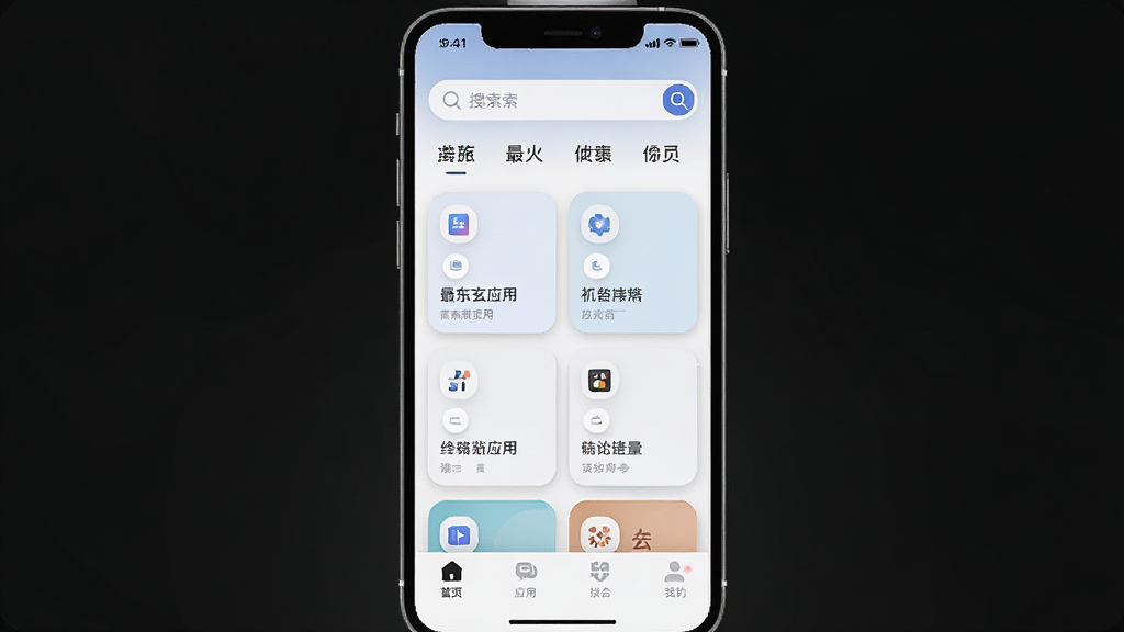 一张展示最东玄应用主界面的图片,主体是手机屏幕中显示最东玄应用首页,布局顶部为搜索栏和分类标签,中间为功能卡片网格排列,底部为导航栏,排版整齐清晰,风格简约现代扁平化设计,细节上采用圆角图标和柔和阴影,画质高清干净无多余元素