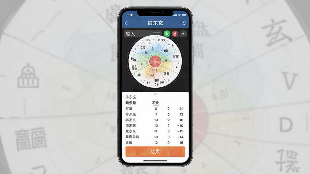 一张展示最东玄应用功能模块的图片,主体是手机屏幕中显示最东玄的排盘工具界面,布局上方为输入区域下方为结果展示区,排版层次分明,风格专业简洁,细节上数据图表清晰文字标注明确,画质高清干净无多余元素