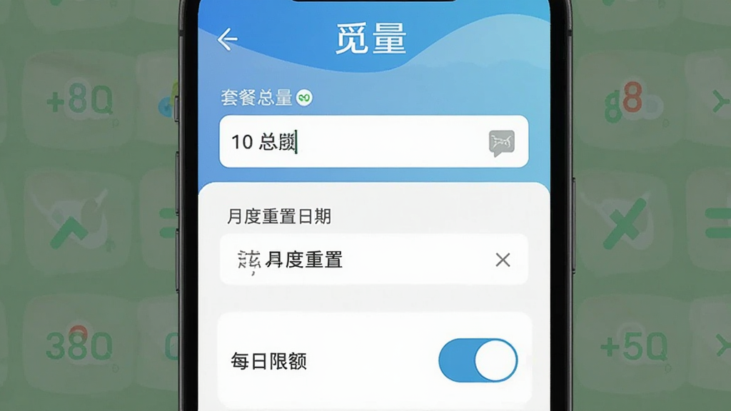 觅量App 流量套餐设置界面 主体为手机屏幕显示套餐设置表单 布局为顶部套餐总量输入框 中间月度重置日期选择 底部每日限额开关 排版整齐 风格简洁实用 细节清晰 画质干净 无多余元素 图片中文字包含