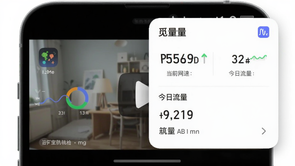 觅量App 实时流量监控悬浮窗 主体为手机屏幕右上角悬浮窗 显示当前网速和今日流量 布局为悬浮窗覆盖在视频App上方 排版紧凑 风格现代扁平 细节圆润 画质干净 无多余元素 图片中文字包含