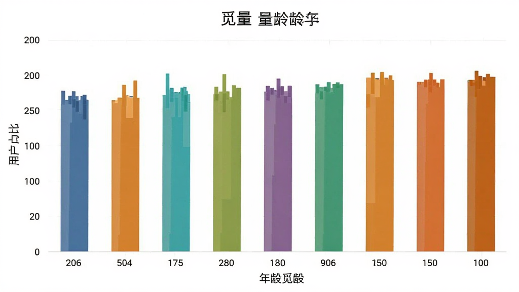 觅量App 用户年龄分布柱状图 主体为柱状图 布局为横轴年龄段 纵轴用户占比 排版清晰 风格简洁数据可视化 细节柱体颜色区分 画质干净 无多余元素 图片中文字包含