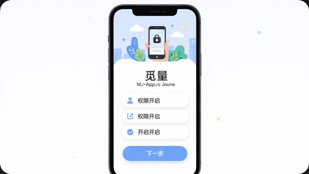 觅量App 新手设置引导界面 主体为手机屏幕显示权限开启引导页 布局为顶部插图 中间权限列表 底部下一步按钮 排版清晰 风格友好 细节圆润 画质干净 无多余元素 图片中文字包含