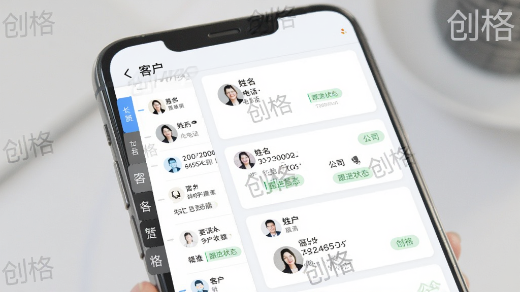 ����ͻ���Ϣ�������棬�ֻ���Ļչʾ�ͻ��б�������ҳ������Ƿ����ǩ�����Ҳ��ǿͻ���Ƭ����Ƭ����ʾ�������绰����˾������״̬��ǩ������Ϊǳɫ�������ˬ���񣬽����д��С���������ˮӡ�����ʸɾ���ϸ������