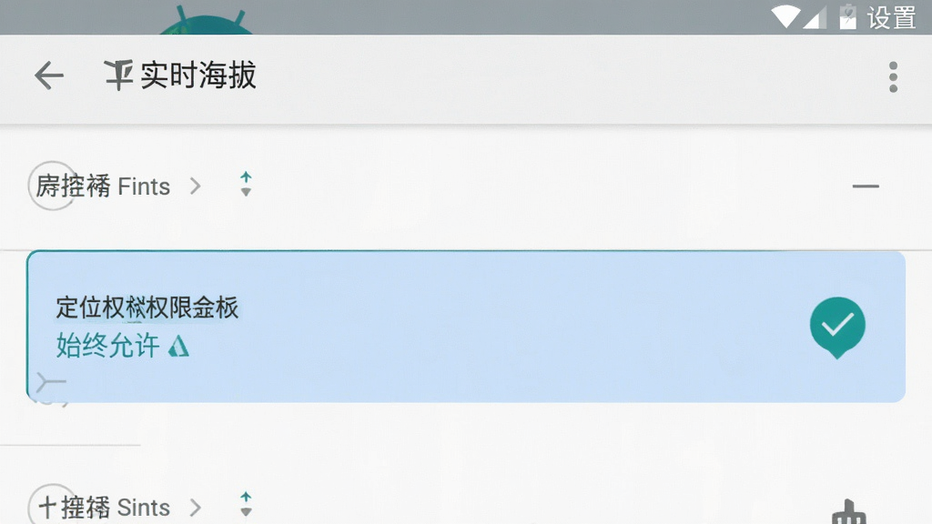 实时海拔应用在手机设置中的权限管理界面示意图,画面展示安卓系统的应用权限设置页面,定位权限被高亮标记为“始终允许”,旁边有勾选标记,界面风格简洁明了,画质干净无多余元素
