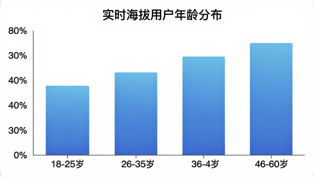 实时海拔应用用户年龄分布柱状图,横轴为年龄段18-25岁、26-35岁、36-45岁、46-60岁,纵轴为用户占比百分比,柱状颜色采用蓝色渐变,图表标题为“实时海拔用户年龄分布”,背景干净简洁,画质清晰无多余元素
