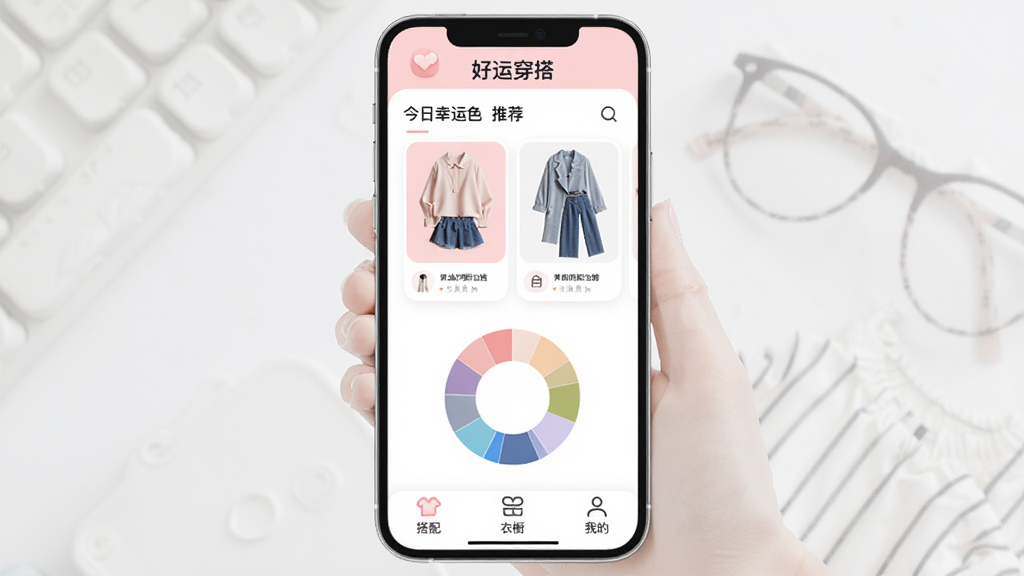 好运穿搭App主界面展示,一个清新明亮的手机屏幕,屏幕中显示今日幸运色推荐和一套休闲女装搭配图,界面以浅粉色和白色为主色调,顶部有